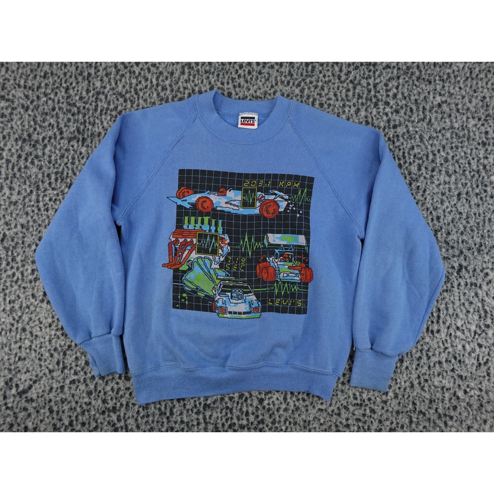 Levis Sweatshirt Youth Medium Blue Vintage 80s Race Car Graphic 7911 USA